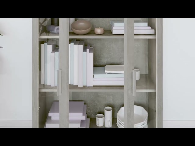 Video teaser for 802754 vidaXL Vitrine Cabinet Concrete Grey 82,5x30,5x115 cm Engineered Wood