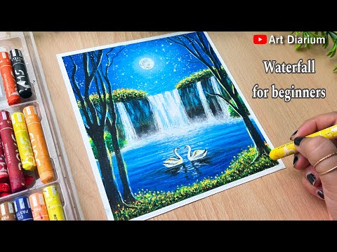 ✨moonlight waterfall Scenery with Oil Pastel for Beginners 🌙🖌️|| Step-by-step 