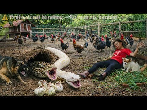 72 Hours of Danger:Two Giant Pythons Hiding Underground Invades the Turkey Farm During Melon Harvest