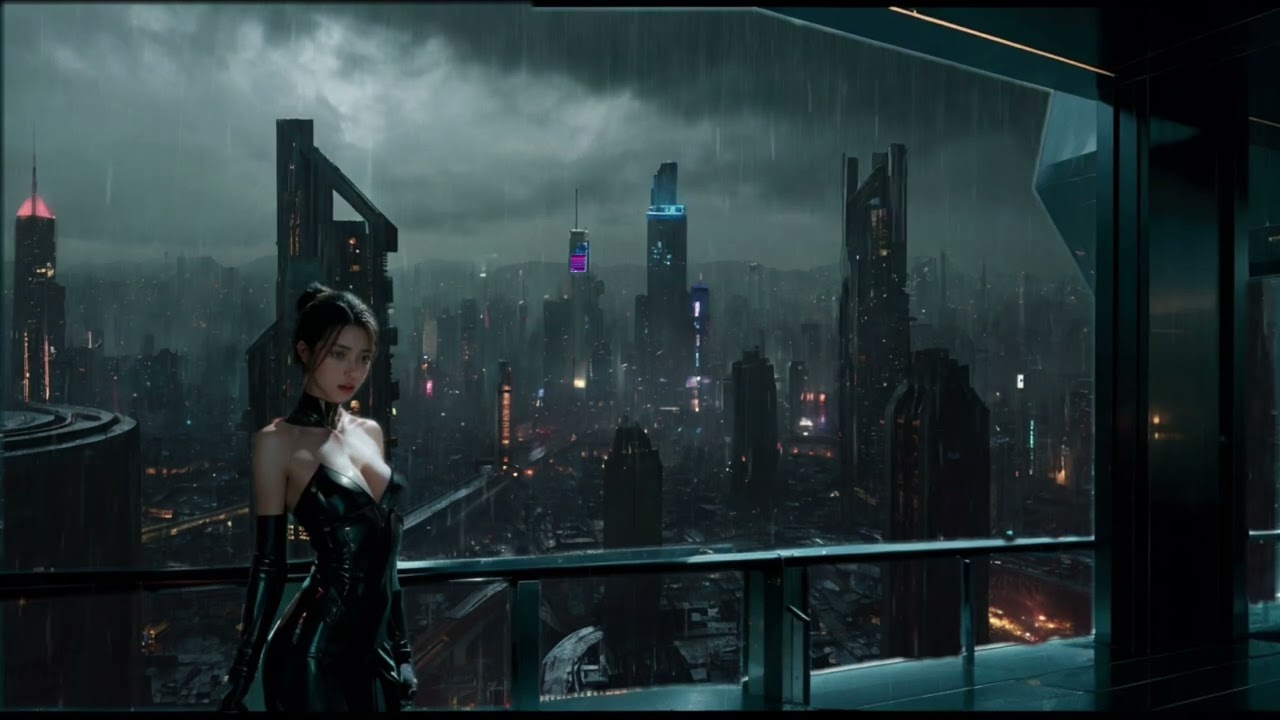 [1hour] Blade Runner vibes and ambient music. A woman looking down on a rainy city from a skyscraper
