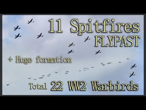 11 WW2 Spitfires flying together plus HUGE 20+ Warbird formation