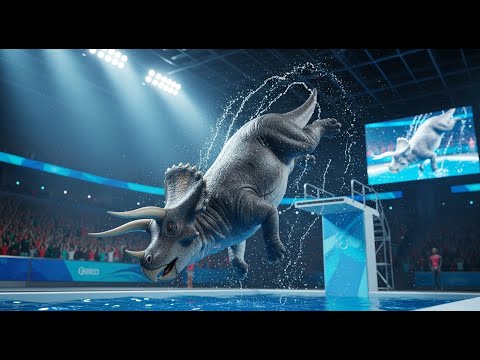 Epic High Dive by All Kinds of Dinosaurs at an Olympic-Style Diving Competition | AI Gemini Veo3