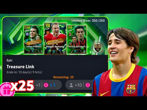 Free EPIC Card!! 🎉🎁 X25 Treasure Link Pack Opening! Efootball 2026 Mobile | Epic Donadoni 104 Rated