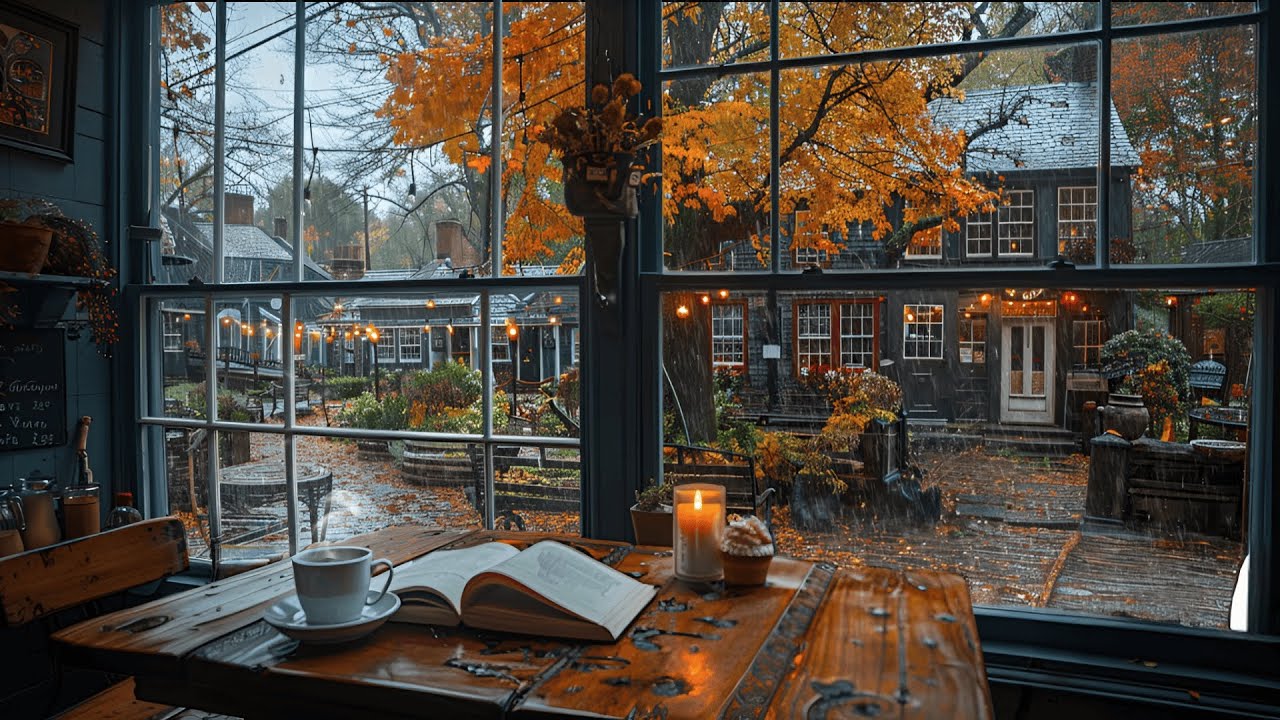 Rainy Autumn Coffee Shop Ambience 🍂☕️ Smooth Jazz Relaxing Music & Rain Sounds to Relax, Study, Work