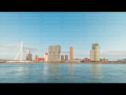 Panorama showing Rotterdam skyline timelapse from Nieuwe Maas River. Netherlands