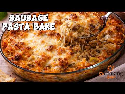 Sausage, Leek & Mushroom Pasta Bake with a Creamy Tomato Sauce and Melted Mozzarella Top