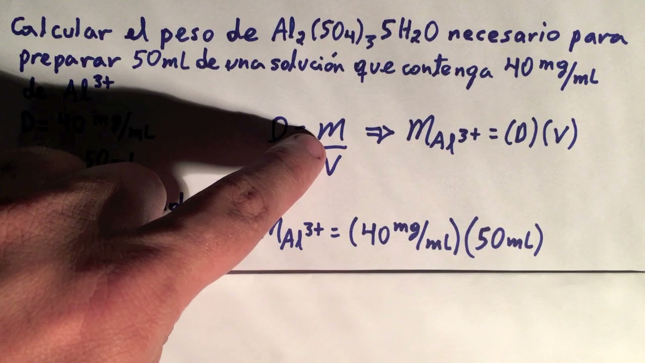 Calcular la masa de Al2(SO4)3 necesaria para preparar 50ml de solucion Al3+ con densidad 40mg/mL