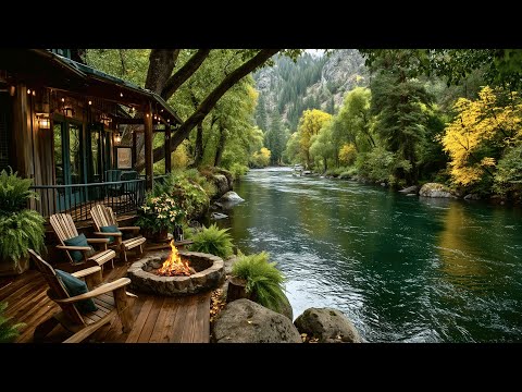 Crackling Firepit & River Sounds | Cozy Cabin Porch in the Forest Nature Sounds Ambience