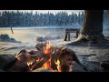 Crackling campfire sounds with wolves howling