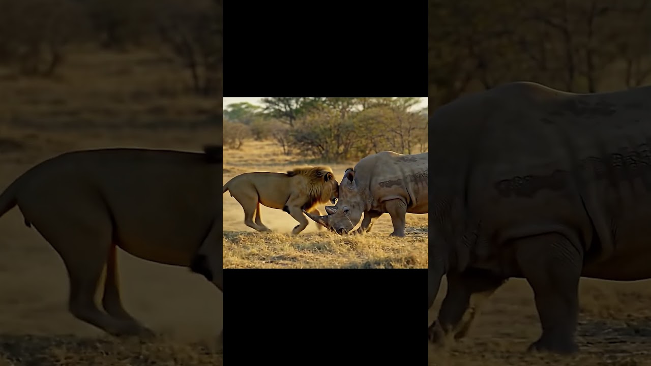 Lion, an unexpected charge! The rhino backs away