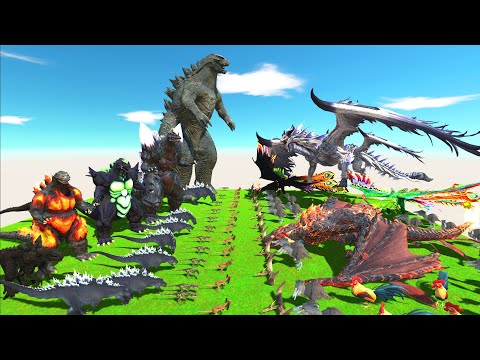 Dinosaurs Revolt Battle with Godzilla 2014 VS Team Dragon + Phoenix -Animal Revolt Battle Simulator