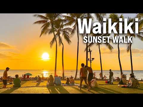 Waikiki Beach SUNSET WALK 🌅 4K Honolulu Walking Tour with Captions [60fps]