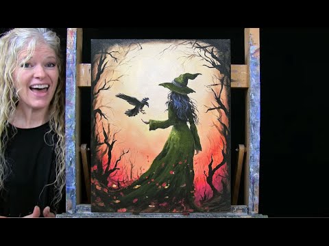 HALLOWEEN! Learn How to Draw & Paint with Acrylics CROW WITH A WITCH-Easy Lesson-Paint & Sip at Home