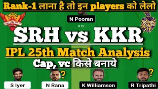 srh vs kkr fanatsy team | hyderabad vs kolkata  team prediction | fanatsy team of today match