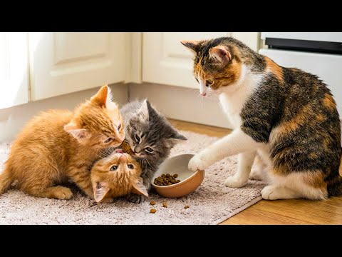 Kittens snatch food from their mother - Adorable cat video