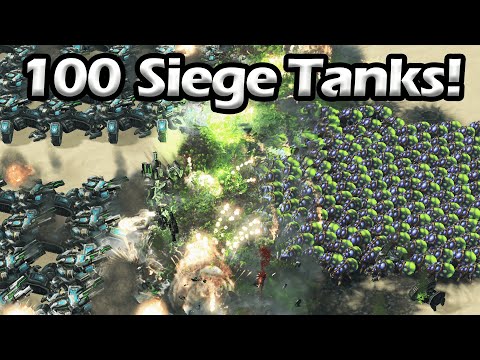 100 Siege Tanks VS 1000 Banelings, 1000 Marines, 1000 Zerglings, 1000 Ghosts in Starcraft 2