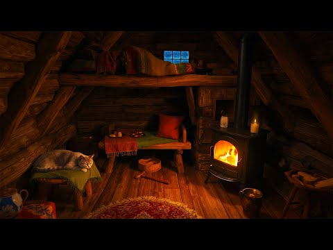 Deep Sleep in a Warm Attic Cabin – Blizzard, Fireplace Crackling, Cozy Cat Ambience for Fall Asleep