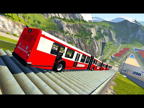 Long Articulated Bus High Speed Stairs Jumping Test - How Far it Survived - BeamNG DRIVE