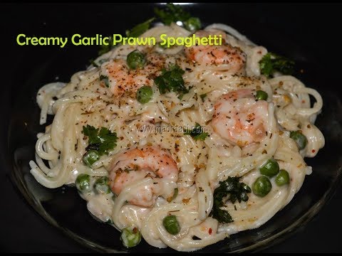 Creamy Garlic Prawn Pasta recipe /  Indian style shrimp alfredo pasta | Madraasi