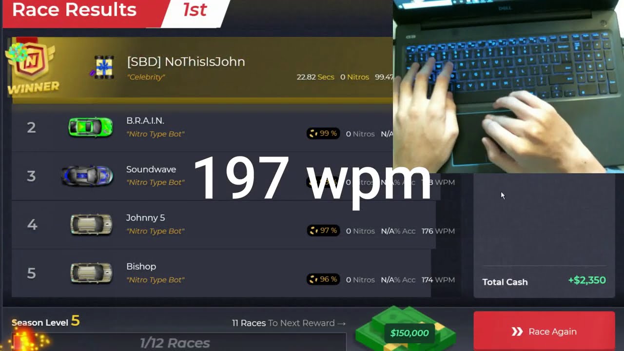 NitroType 190 WPM+ Compilation (HANDCAM) (Dvorak typing)