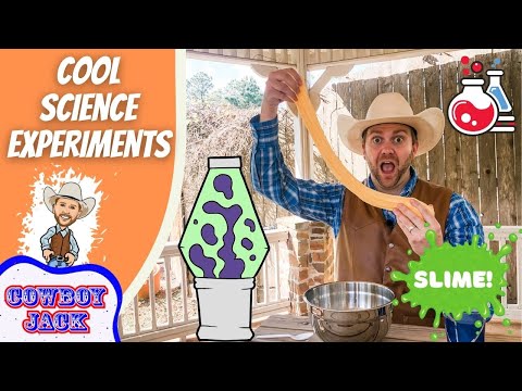 Thumbnail of a cowboy host holding a long strand of slime, with colorful science graphics and 'Cool Science Experiments' branding in the background.