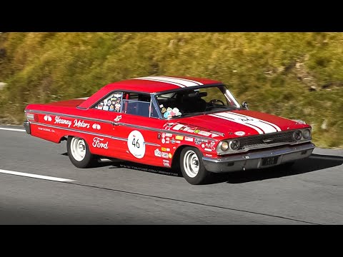 1963 Ford Galaxie 500 Race Cars with 7.0L/427ci V8 roaring on a Swiss mountain pass!