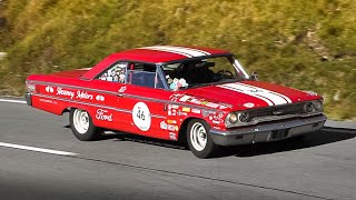 1963 Ford Galaxie 500 Race Cars with 7.0L/427ci V8 roaring on a Swiss mountain pass!