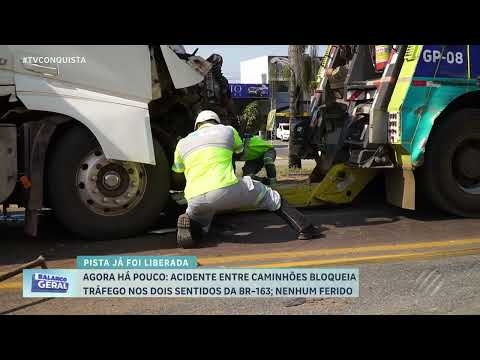Agora: acidente entre caminhões bloqueia os dois sentidos da BR-163; sem feridos