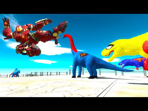 SUPERMAN BRACHIOSAURUS + 2X T-REX VS HULKBUSTER DEATH RUN MISSION - Animal Revolt Battle Simulator
