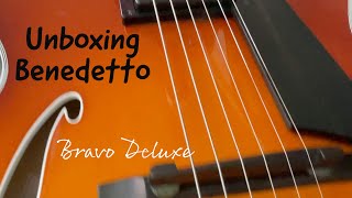 Video thumbnail for Unboxing a Benedetto "Bravo Deluxe" guitar by Jefferson Graham Guitar