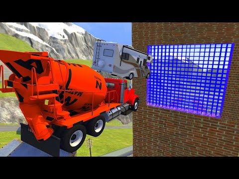 Heavy Vehicle High Speed Jump Through Blue Laser Wall In Red Slime Pool - BeamNG drive divides