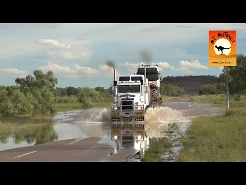 Extreme Trucker #2 - HUGE Road trains trucks crossing flooded river in the Australian outback