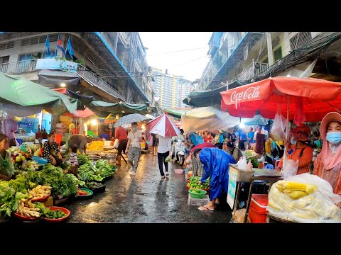 Cambodian Street Food at Orussey Market Phnom Penh | Food Market Tour in the Rain