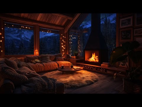 Thunderstorm with Rain and Crackling Fireplace | Cozy Living Room & Sleeping Cat