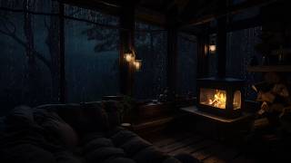 Rainy Night in the Woods | Fireplace Sounds in Cozy Cabin for Calm and Sleep