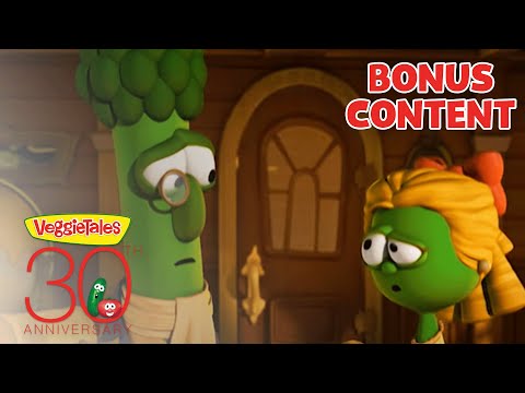 VeggieTales scene with a monocled broccoli and a green veggie talking in a wooden room; 'Bonus Content' and '30th Anniversary' logos appear.