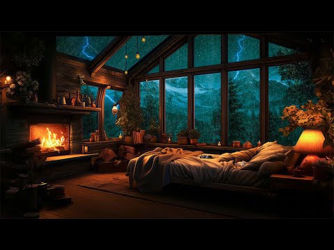 Thunderstorm with Lightnings on Mountain | Rain, Crackling Fireplace & Sleeping Cats in a Cozy Cabin