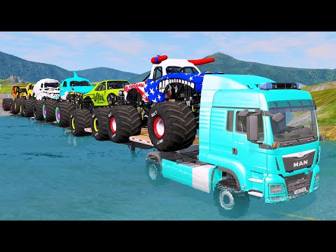 Double Flatbed Trailer Monster Trucks Transport with Slide Color - Cars vs Speed bump - BeamNG.drive