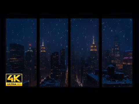 4K Winter City Window View ❄️ Snowy New York at Night, Soft Snowfall, Wind Sounds for Sleep & Study