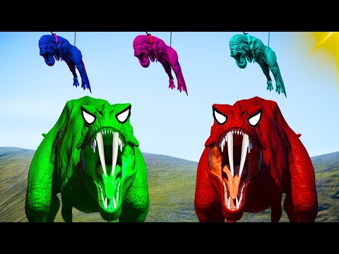 Team Rexy Color Pack vs Allosaurus, Spinosaurus, I-rex - Jurassic World Evolution Dinosaurs Fighting