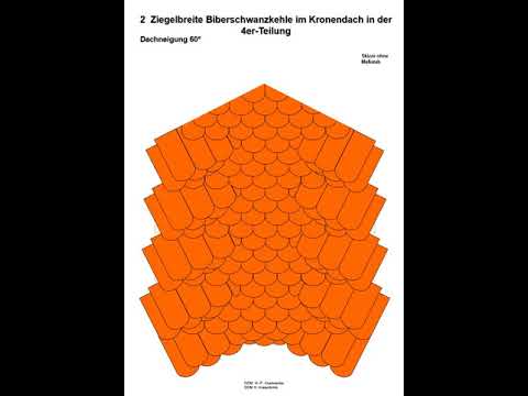 Biberschwanzkehle eingebunden, Kronendeckung 2 -Ziegel breit, in 4er Teilung gedeckt Dachneigung 60°