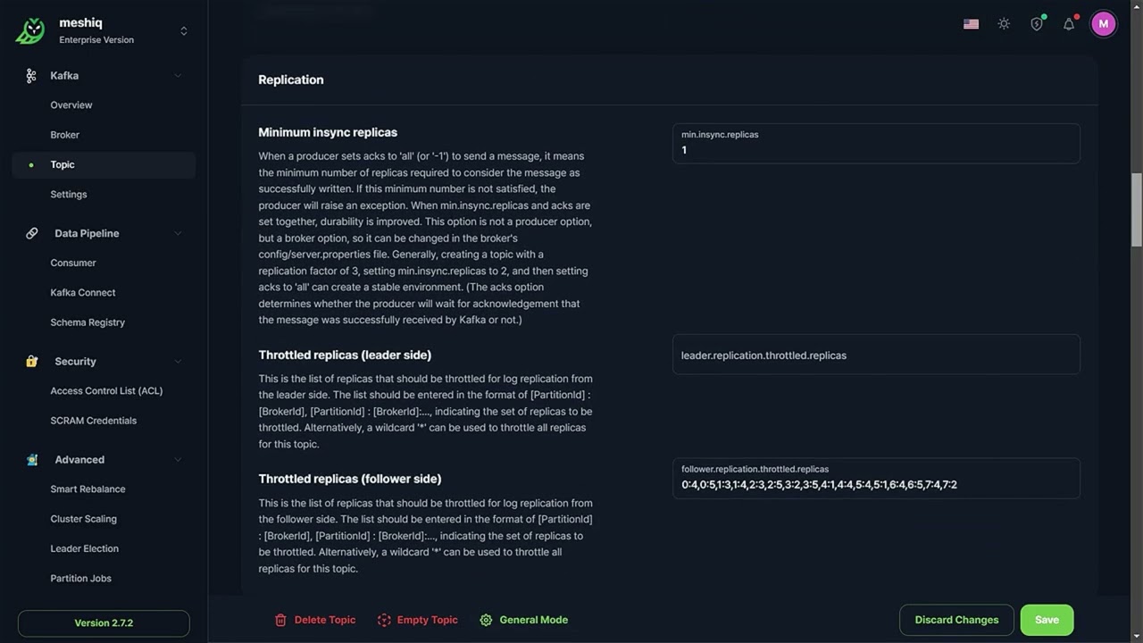 meshIQ Console for Apache Kafka | Topic Settings