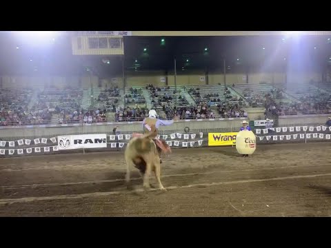 Jace Trosclair bull riding Wednesday at Central Wyoming Rodeo.