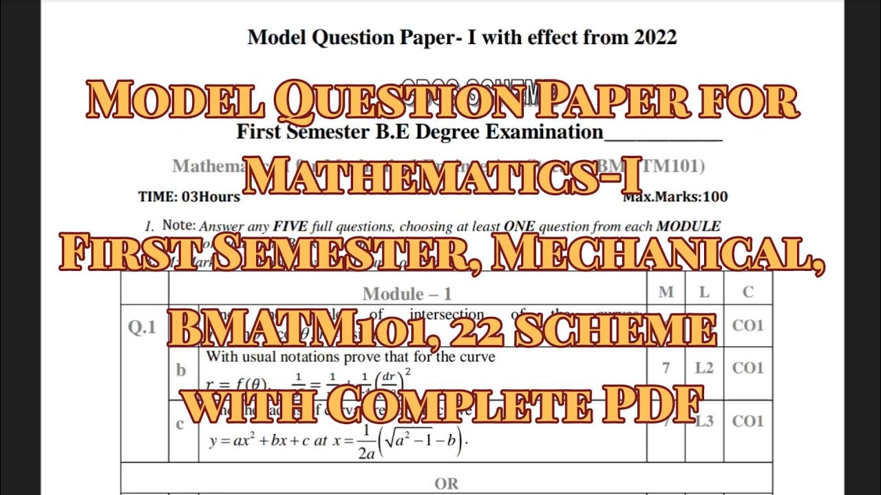 Mathematics- 1 model paper for mechanical stream BMATM101, 1st semester 22 scheme, with complete pdf
