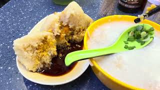 Rice dumpling, Steamed Rice Roll with Dough Frtter & Congee by using chopsticks鹹肉糭+炸兩