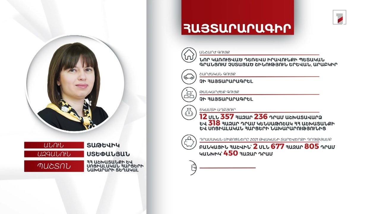 1 անշարժ գույք, 3 մլն դրամ. ԱՍՀ նախարարի տեղակալ Տաթևիկ Ստեփանյանի հայտարարագիրը