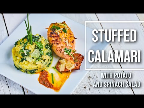 Stuffed calamari and potato and spinach salad. Blitva, Croatia style. Montenegro. Mediterranean food