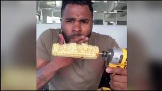 Jason Derulo chips his teeth by trying to eat corn on the cob off a drill during Tiktok Video