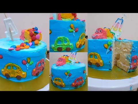 1kg Butter Cake with whipping cream Frosting | Car themed birthday cake | Cake Decoration #cake