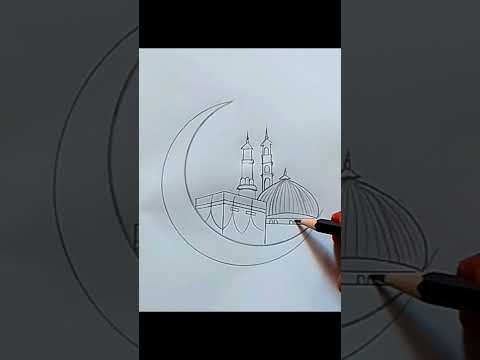 Mosque drawing with moon. Kaba sprig drawing//Masjid art #drawing #mosque #youtubeshort
